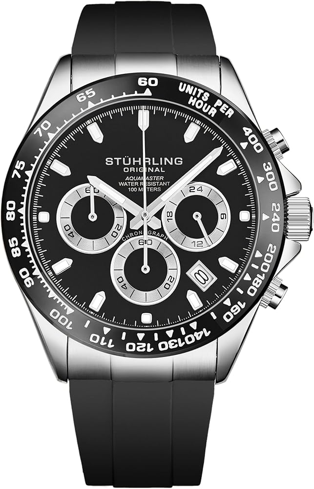 Stuhrling Aquamaster Quartz Chronograph Watch Screw Down Crown Luminous Hands, Date and 24 Hour Subdial Black Rubber Band for Men 42mm Case Water Resistance (Black)