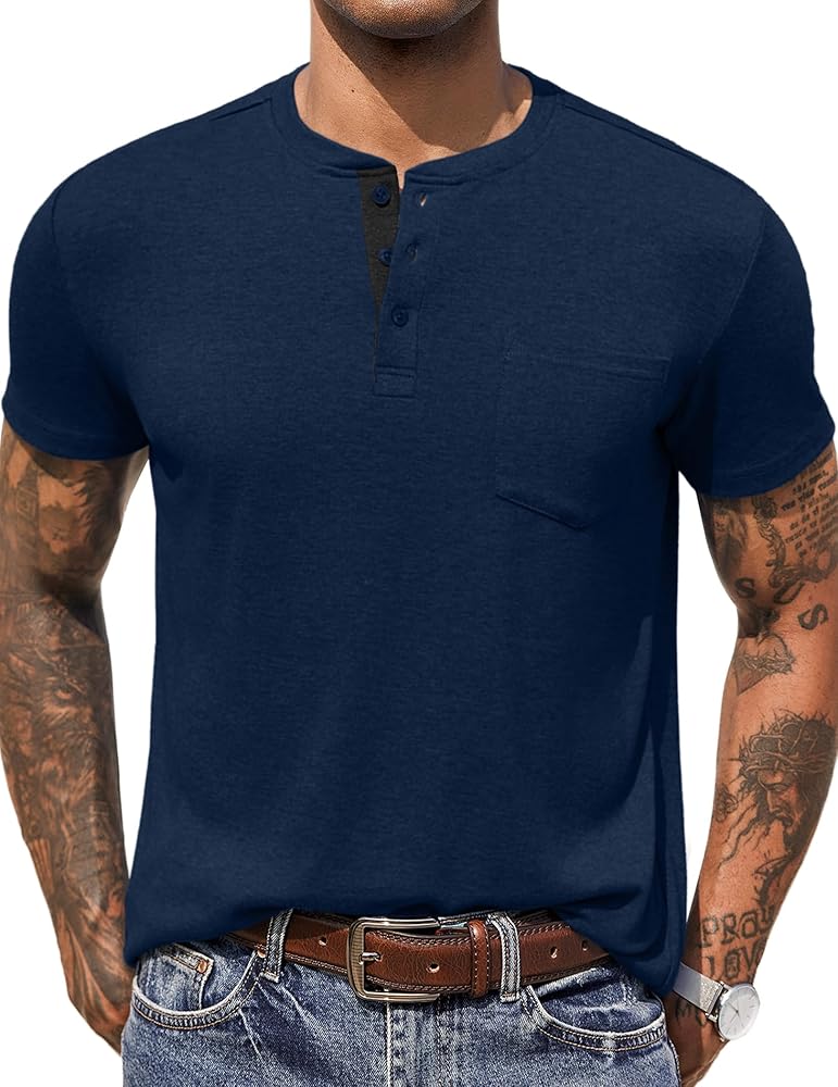 COOFANDY Men Casual Henley Shirt Short Sleeve Summer Basic T Shirt Pocket Soild Button Tee Top