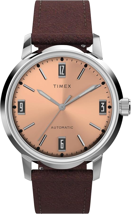 Timex Men's Marlin Automatic 40mm Watch - Brown Strap Pink Dial Stainless Steel Case