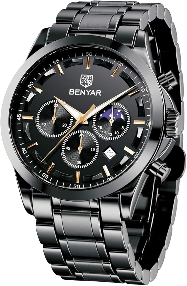 BENYAR Mens Watch Analog Quartz Movement Chronograph Waterproof Luminous Date Stylish Casual Wrist Watches with Stainless Steel Bracelets Elegant Gift for Men