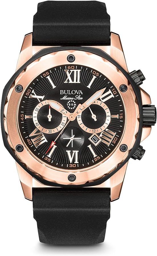 Bulova Men's Marine Star Series A Rose Gold Stainless Steel 6-Hand Chronograph Quartz Watch, Black Silicone Strap Style: 98B104