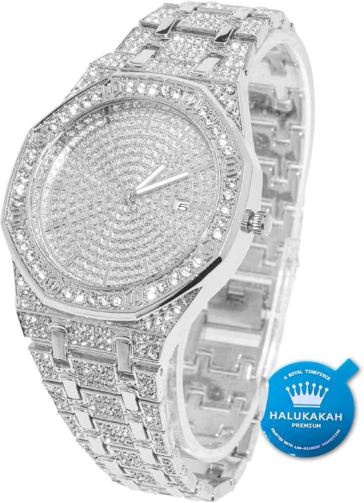 Halukakah Diamond Watch for Men - HUNTER - 18K Real Gold/Platinum White Gold Plated & Handset Diamonds Iced Out,40MM Width Octagonal Dial,Wristband 8.7”,Cuban Link Chain 8"+18",Comes with Giftbox