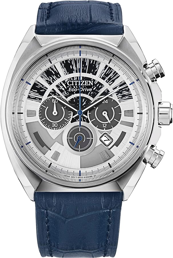 Citizen Eco-Drive Men's Star Wars Millennium Falcon Stainless Steel Chronograph Watch, Blue Leather Strap, Luminous, 44mm (Model: CA4281-00W)