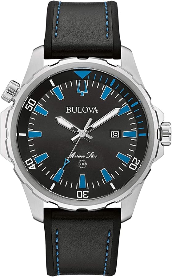 Bulova Marine Star Quartz Mens Watch, Stainless Steel with Black Leather and Silicone Strap, Silver-Tone (Model: 96B337)