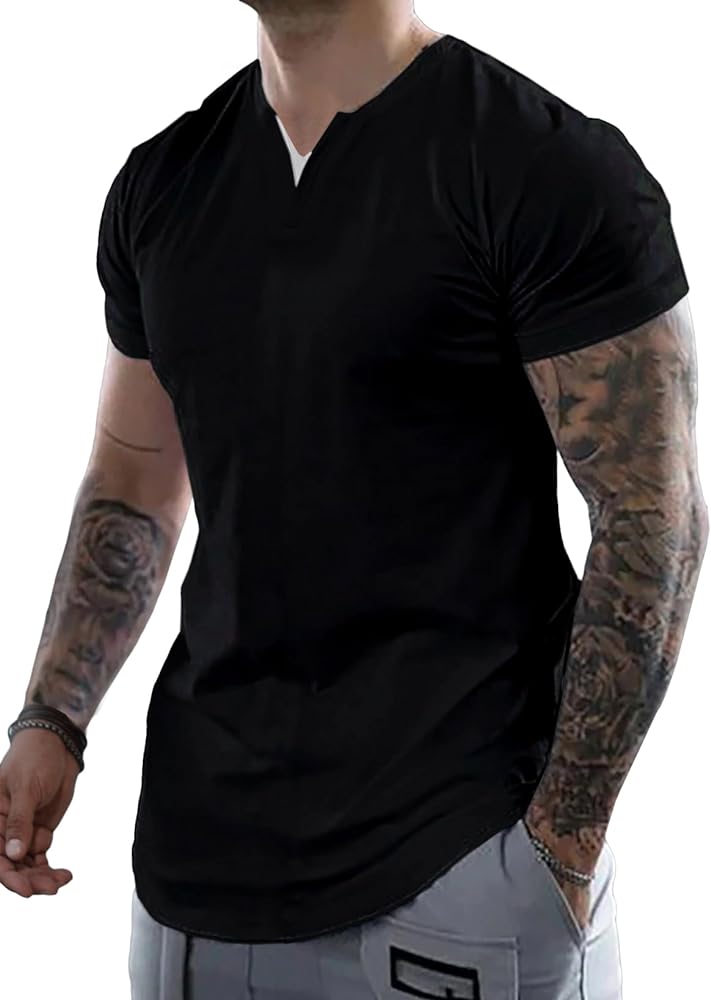 JMIERR Mens Muscle Slim T Shirts V-Neck Longline Henley Shirt Gym Workout Athletic Tees