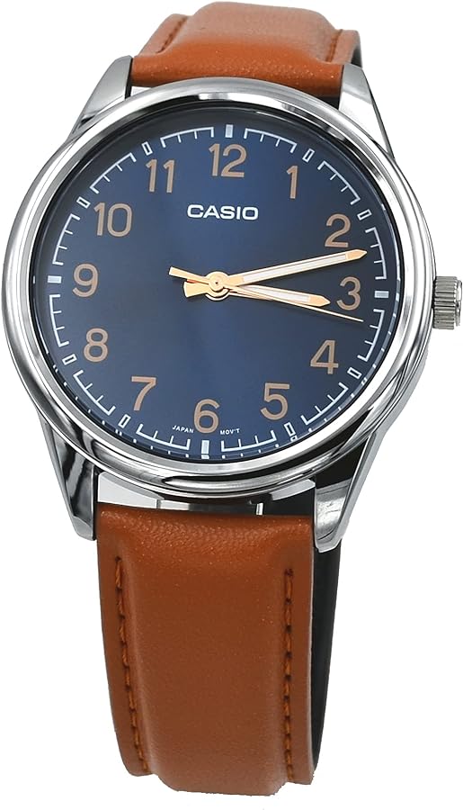 Casio MTP-V005L-2B4 Men's Standard Analog Tan Leather Band Blue Numbers Dial Watch