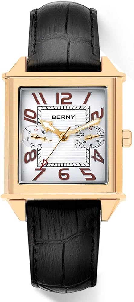 BERNY Square Watches for Men Quartz Watch Rectangular Calendar Leather Strap Watch