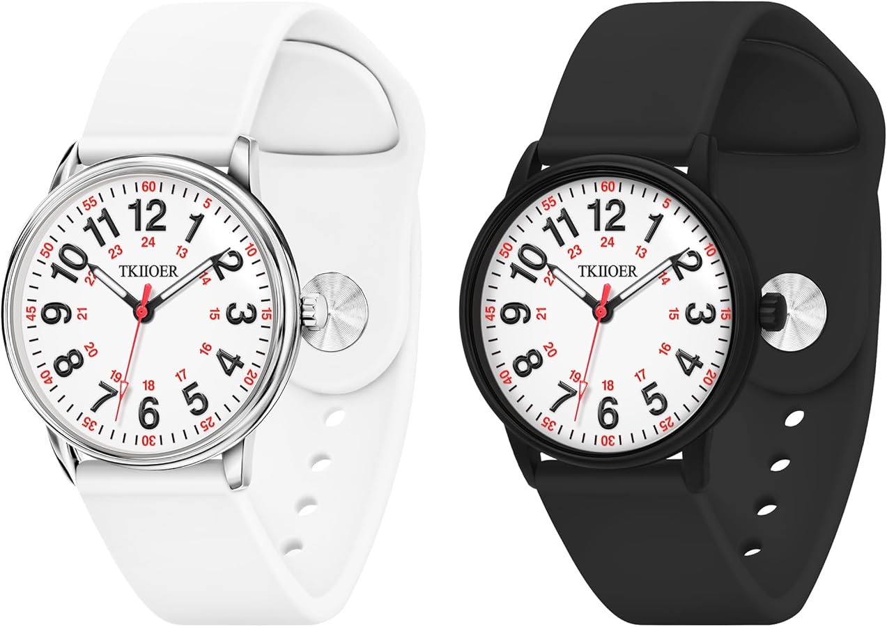 2 Pack Nurse Watch for Nurse Medical Professionals Students Women Men, 50M Waterproof 12/24 Hour Military Time Luminouse Easy Read Dial, Second Hand Watch for Nursing （White and Black）