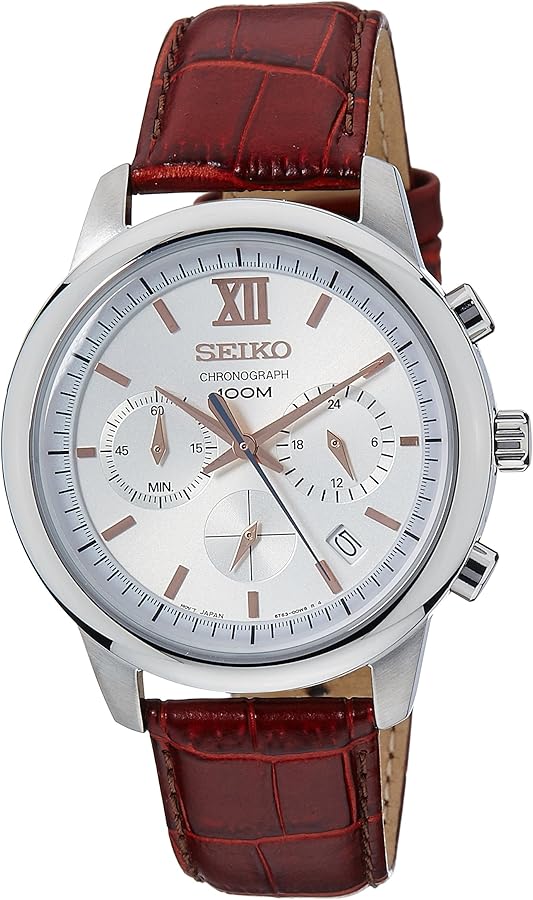 Seiko #SSB143 Men's Leather Band Silver Dial Chronograph Casual Analog Watch