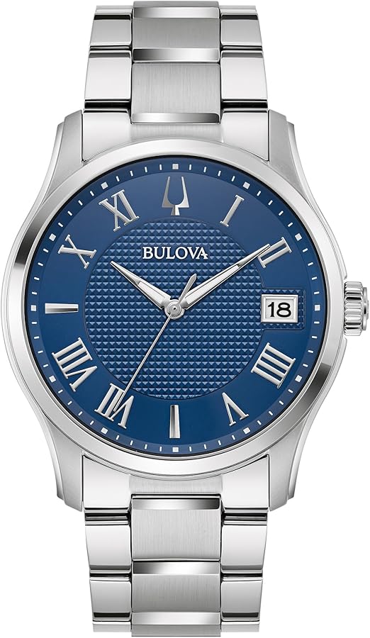 Bulova Men's Classic Wilton 3 Hand Silver Stainless Steel Watch, Blue Dial, 3 Hand Style: 96B386