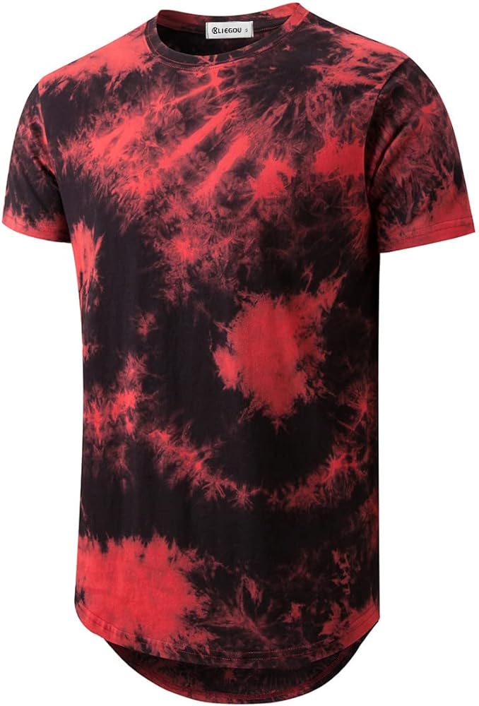 KLIEGOU Mens Hip Hop Tie-Dyed Hipster Curve Hem T Shirt