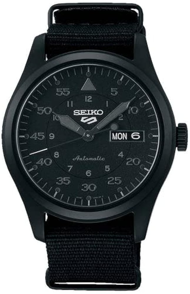 SEIKO SRPJ11 Watch for Men - 5 Sports - Automatic with Manual Winding Movement, Blue and Orange Dial, Stainless Steel Case with Black Ion Finish, Black Nylon Strap, and 100m Water Resistant