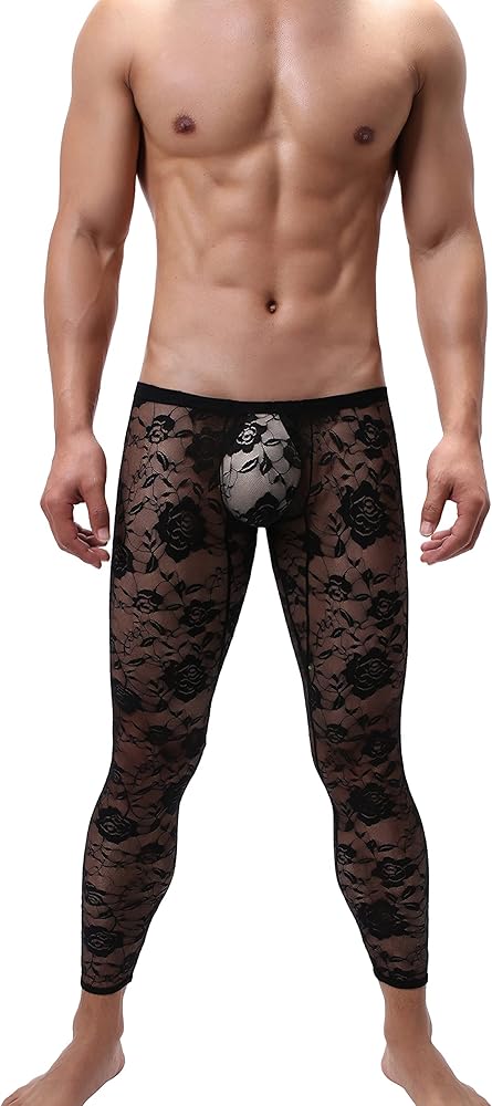 Sissy Semi See-Through Lace Sheer Mesh Long Pants Low Rise Bulge Pouch Bottoms Lounge Tight Trousers