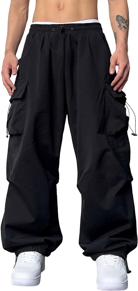 Mens Cargo Pants Retro Parachute Pants Y2K Hip Hop High Waist Casual Sports Stretch Quick Dry Mens Sweatpants Joggers