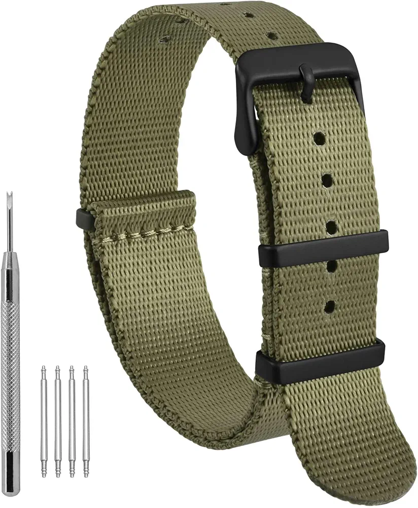 WOCCI 20mm Military Nylon Watch Band, One-piece Ballistic Nylon Strap for Men and Women, Black Buckle (Army Green)