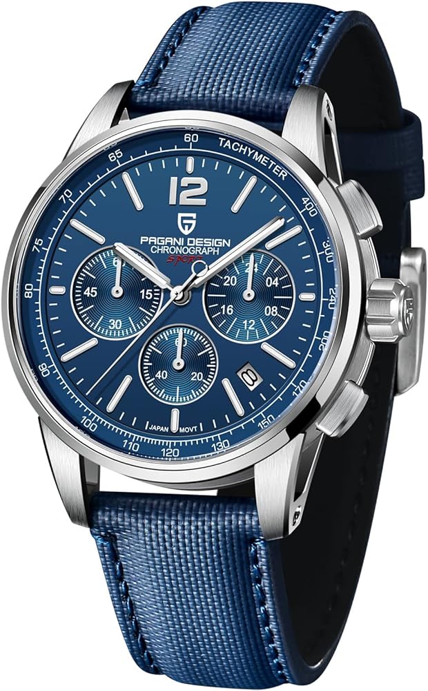 Pagani Design Men's Watch, Quartz Chronograph, 100M Water Resistant Stainless Steel Case, 40mm Dial Diameter, Sapphire Glass, Nylon Strap, Sporty Casual (Silver Blue)