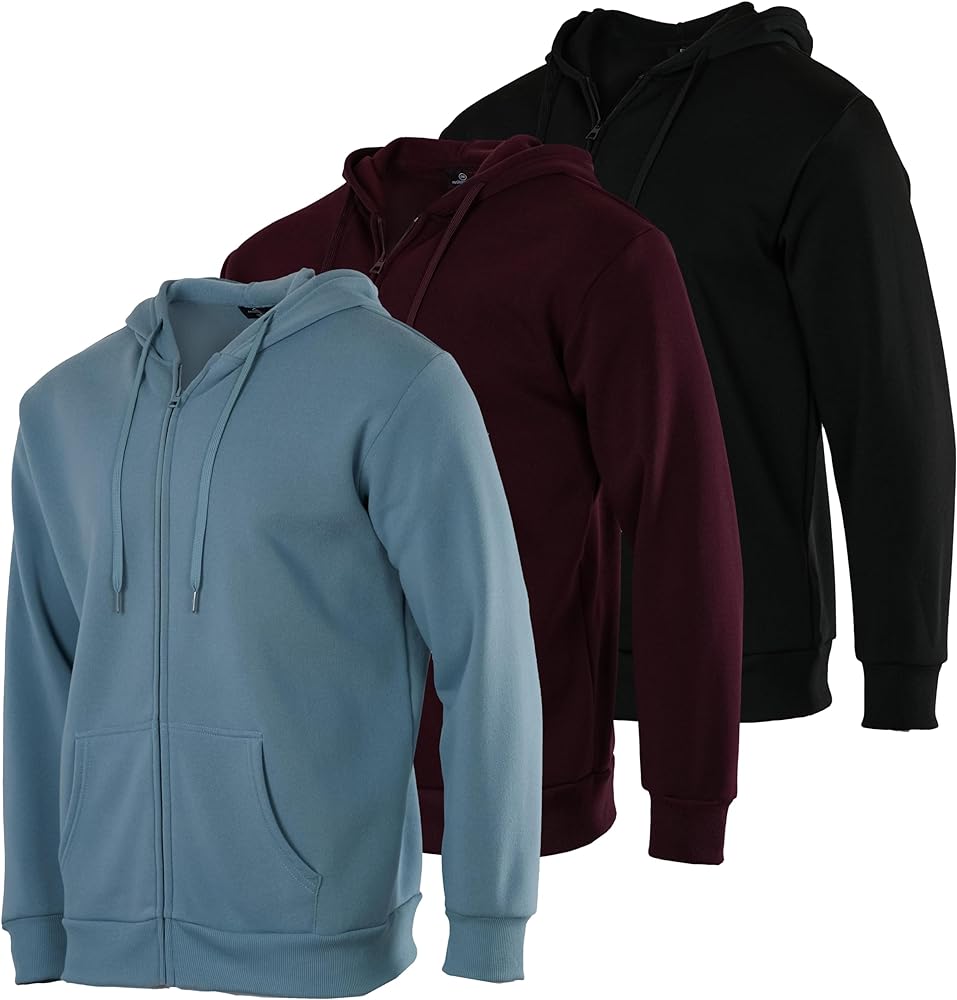 Real Essentials 3 Pack: Mens Fleece Long Sleeve Full Zip Hoodie - Athletic Sweatshirt Jacket (Available in Big & Tall)