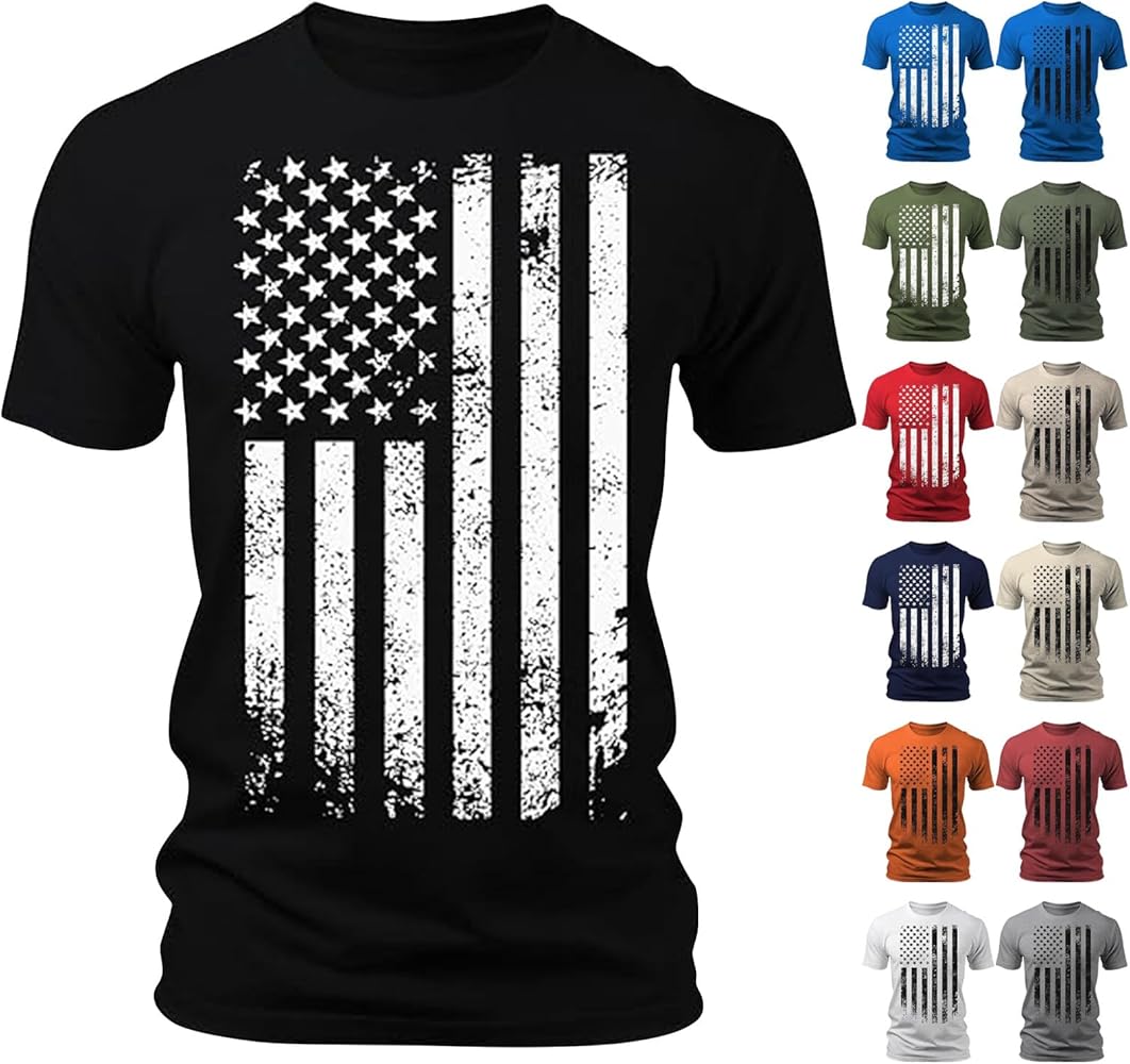 Men's Independence Day Flag Printed Short Sleeve Crewneck T-Shirt Fashion Casual Breathable Tees Quick Dry Soft Shirt