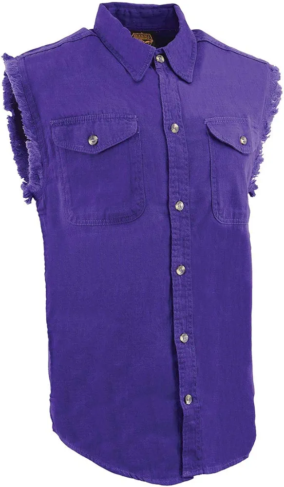 Milwaukee Leather DM1006 Men's Purple Lightweight Denim Shirt with with Frayed Cut Off Sleeveless Look - Medium