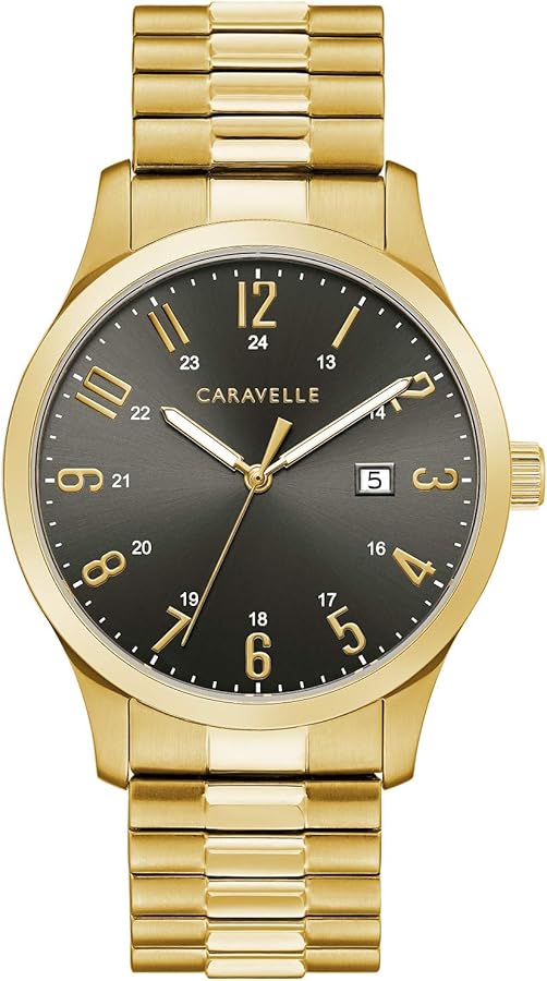 Caravelle by Bulova Men's Traditional Gold Tone Stainless Steel 3-Hand Date Quartz Watch with Expansion Band,40mm Style: 44B126