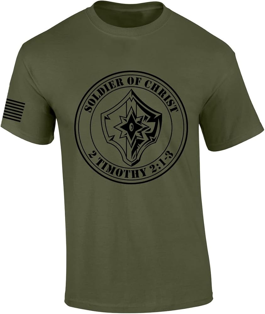 Mens Christian Shirt Soldier of Christ 2 Timothy 2:1-3 Christian Flag Sleeve Short Sleeve T-Shirt Graphic Tee