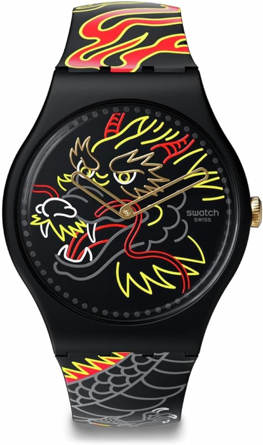 Swatch Unisex Casual Black Bio-Sourced Quartz Watch Dragon in Wind Pay!