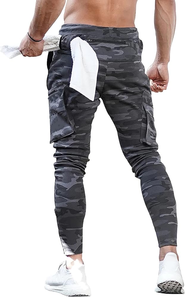 MECH-ENG Men's Active Tack Jogger Pants Fitness Tapered Sweatpants Slim Fit Trousers with Zipper Pockets