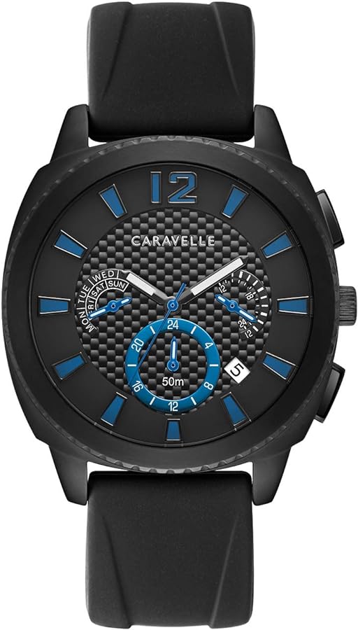 Caravelle by Bulova Sport Chronograph Mens Watch, Stainless Steel with Black Silicone Strap, Black (Model: 45B159)