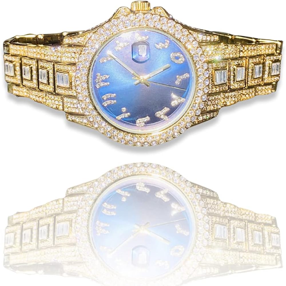 Men's Round Blue Gold Iced Arabic Dial Wrist Watch Band Luxury Baguette CZ Diamond Bracelet Watch Roman Numeric Dial Watch For Men Women Hip Hop Rapper Choice, Iced Watch Custom Fit, Bust Down Watch