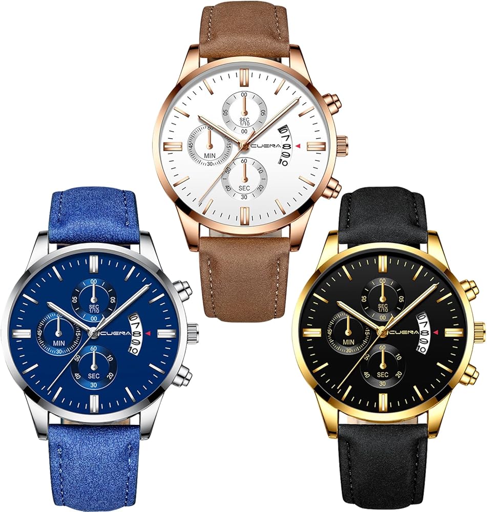 3 Pack Mens Watch Waterproof Quartz Chronograph Watches Business Work and Sport Design Minimalist Classic Leather Band Strap Wrist Watch for Men (Color B)