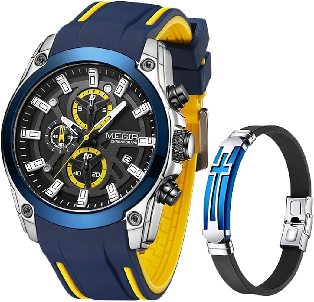 MEGIR Mens Sport Watches Fashion Chronograph Waterproof Quartz Casual Date Watches for Men with Silicone Strap