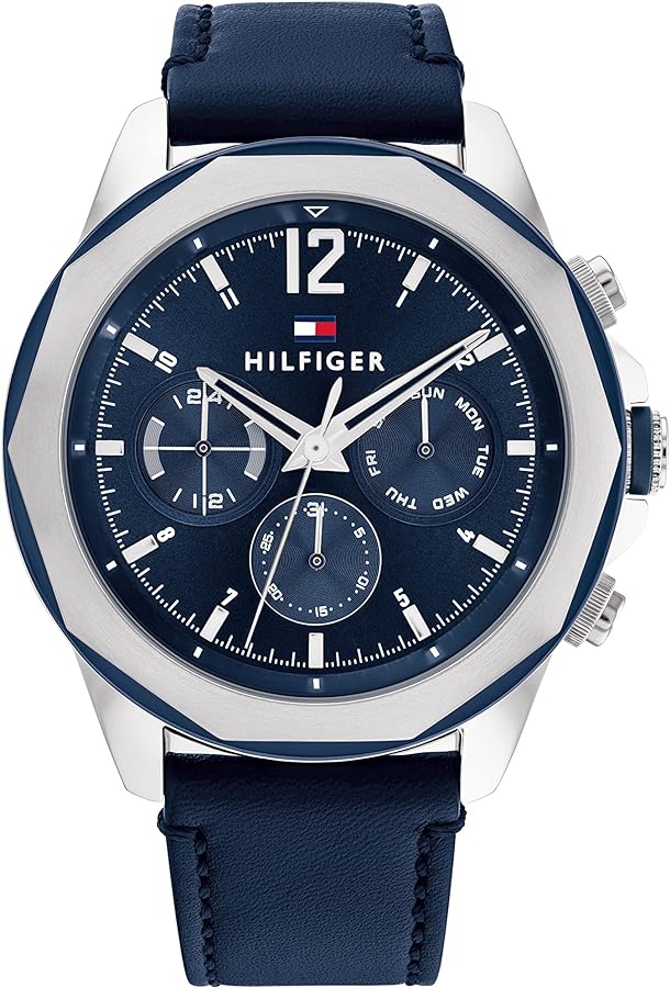 Tommy Hilfiger Men's Multifunction Stainless Steel Case and Leather Strap Watch, Color: Navy (Model: 1792063)