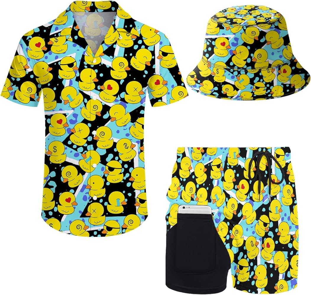 Mens 2 Pieces Hawaiian Shirt and Shorts Set 80s Outfit for Men Short Sleeve Rubber Duck Tracksuits with Bucket Hats