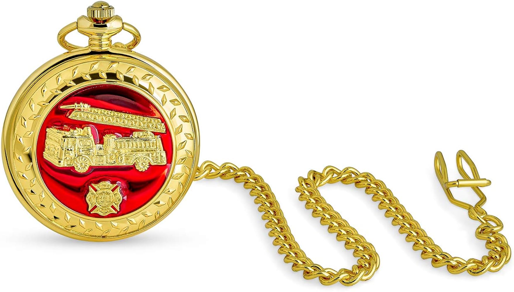 Bling Jewelry Personalize Roman Numeral White Skeleton Dial Mens Fireman Department Emblem for Firefighter Fire Engine Pocket Watch Red Enamel Gold Plated with Long Pocket Chain