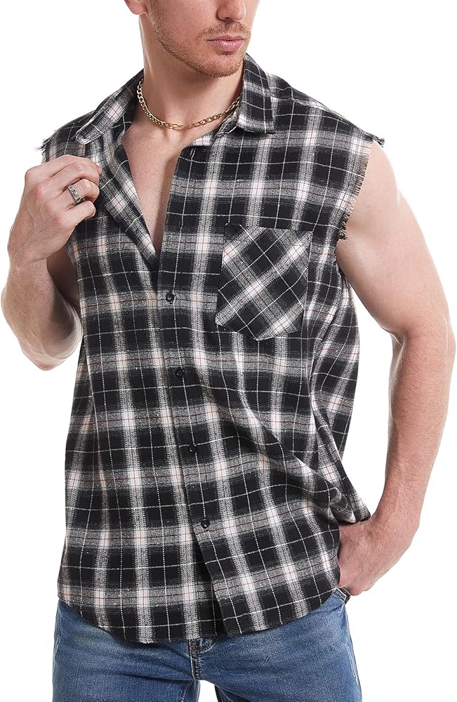 Sleeveless Plaid Front Shirt for Men,Cowboy Button Down Shirts