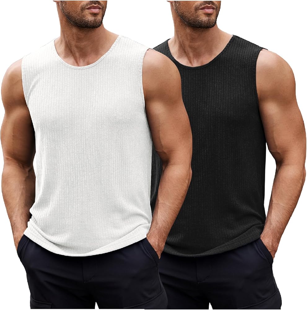 COOFANDY Men's Ribbed Knit Tank Tops Sleeveless Beach Muscle T Shirts Casual Basic Tank Shirts 2 Pack