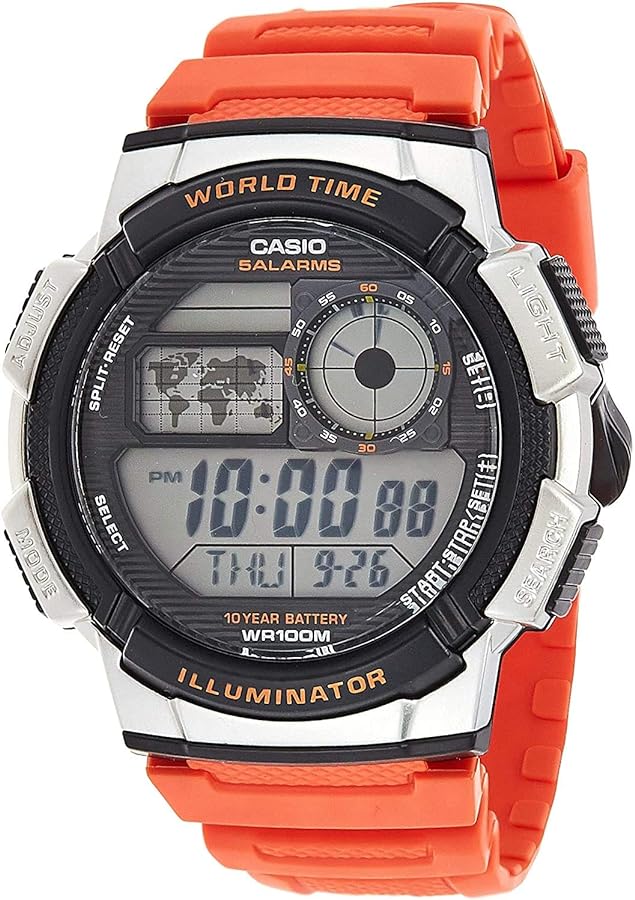 Casio AE1000W-4BV Men's Orange Resin Band 5 Alarms Chronograph World Time Watch