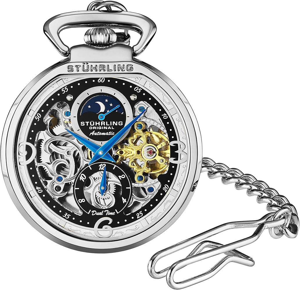 Stuhrling Orignal Mens Automatic Pocket Watch Skeleton Dial Mechanical Movement with and Stainless Steel Chain -Dual Time AM/PM Sun Moon Subdial