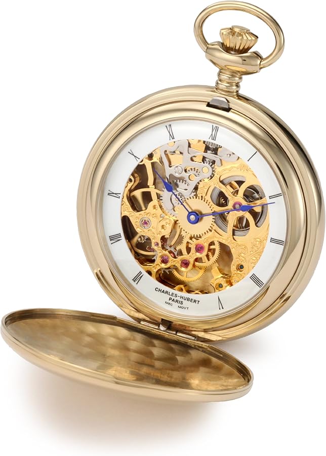 Charles-Hubert, Paris 3904-G Premium Collection Gold-Plated Stainless Steel Polished Finish Double Hunter Case Mechanical Pocket Watch