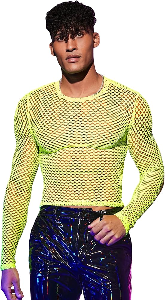 Verdusa Men's Fishnet Sheer Hollow Out Long Sleeve Top See Through Mesh Crop Top Tee