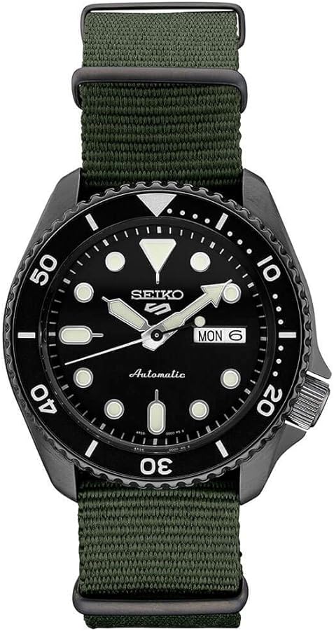 SEIKO SRPD91 Watch for Men - 5 Sports - Automatic with Manual Winding Movement, Black Dial with Black Bezel, Black Ion Stainless Steel Case, Green Nylon Strap, and Day/Date Display