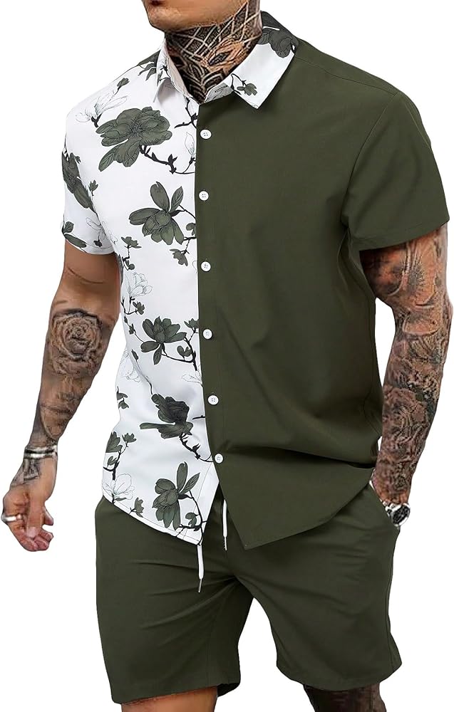 GORGLITTER Vacation Outfits for Men Floral Boho Tracksuits Button Down Hawaiian Shirt Drawstring Waist Shorts Sets