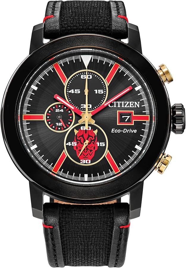 Citizen Men's Eco-Drive Star Wars Darth Maul Mastermind Chronograph Black Ion Plated Stainless Steel Case Watch,Black Cordura Nylon Strap, Black Dial (Model: CA0766-02W)