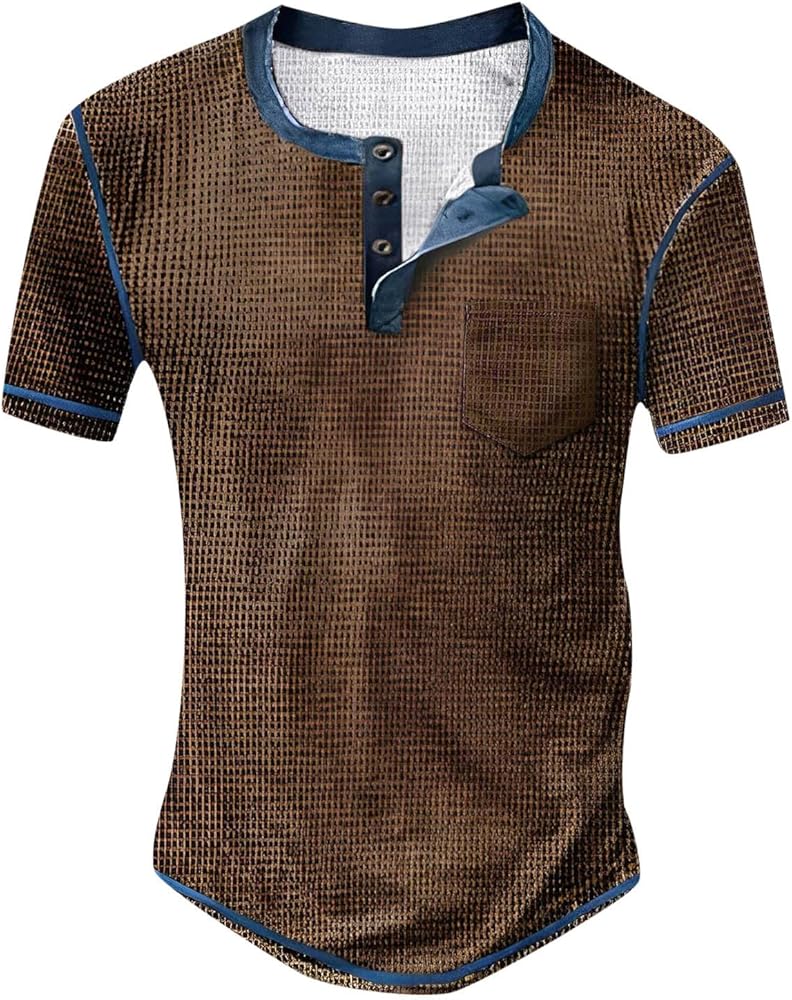 Men's Short Sleeve Waffle Henley Casual Henley T-Shirts for Men Distressed Vintage Color Block Plaid Button T-Shirt