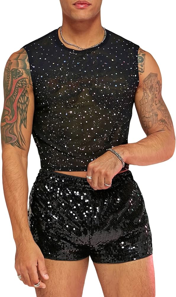 WDIRARA Men's 2 Piece Outfit Rhinestone Sequin Lace Mesh Crop Tank Top and Shorts Set