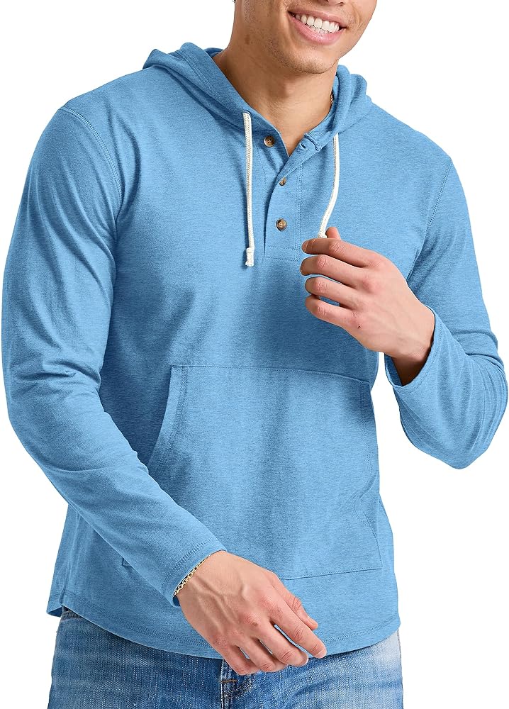 Hanes Mens Originals Tri-Blend Jersey Hoodie, T-Shirt Hoodie With Henley Collar