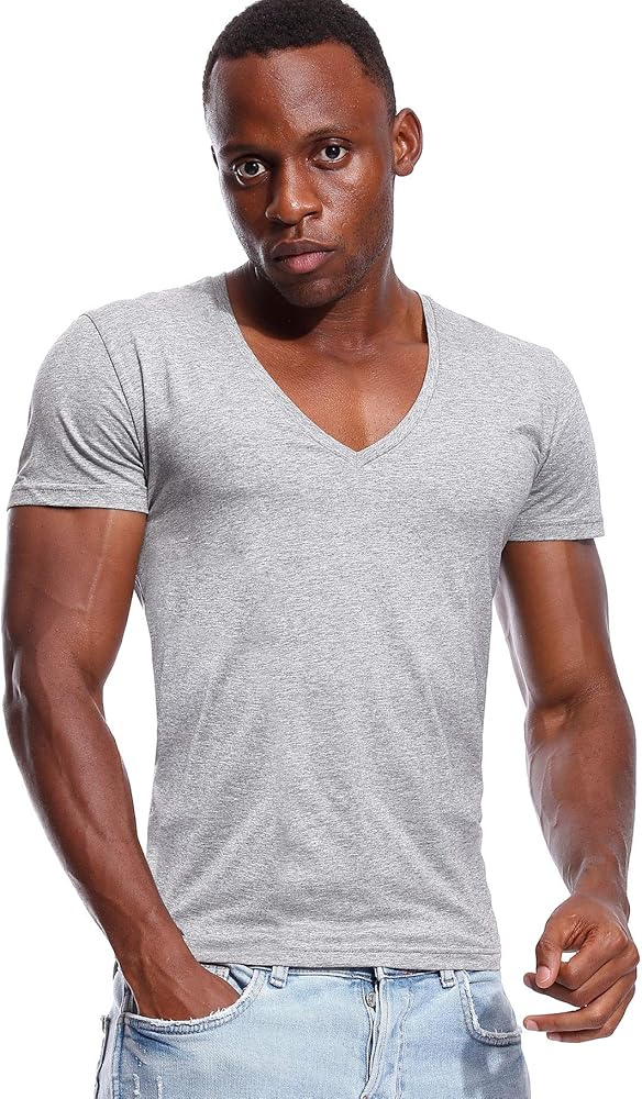 Deep V Neck T Shirt for Men Low Cut VNeck Tee Invisible Tshirt Vee Top Scoop Hem