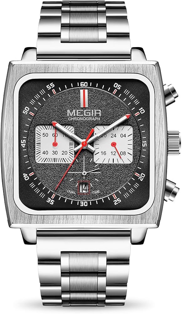 MEGIR Men's Rectangle Business Work Analogue Quartz Chronograph Luminous Sport Wrist Watch with Stainless Steel Strap 2182 Black