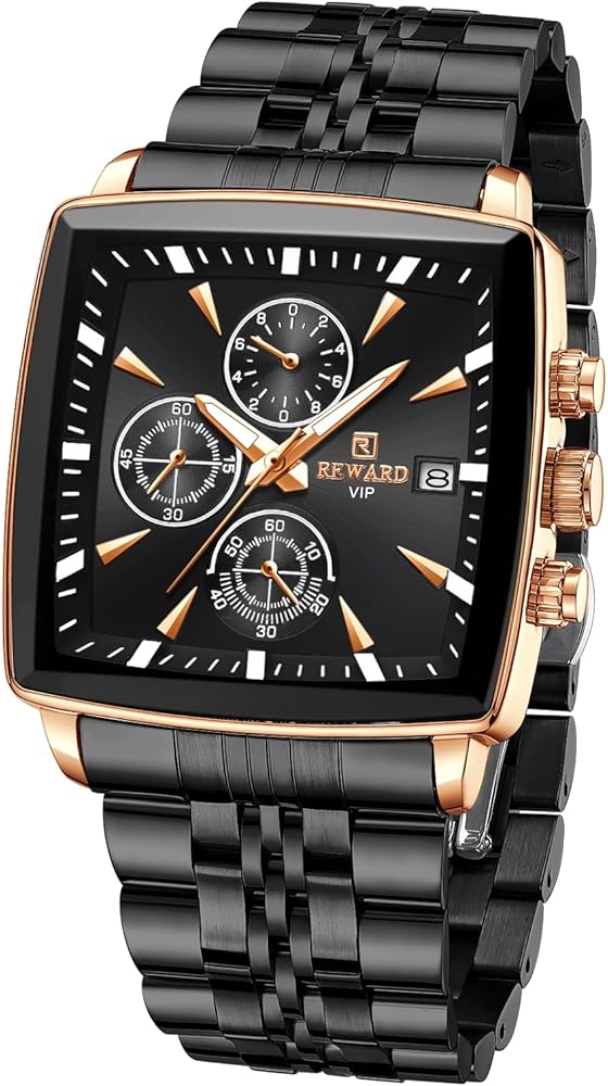 REWARD Quartz Watch for Men Business Square Face Waterproof Wrist Watches Chronograph, Luminous - Gold Black