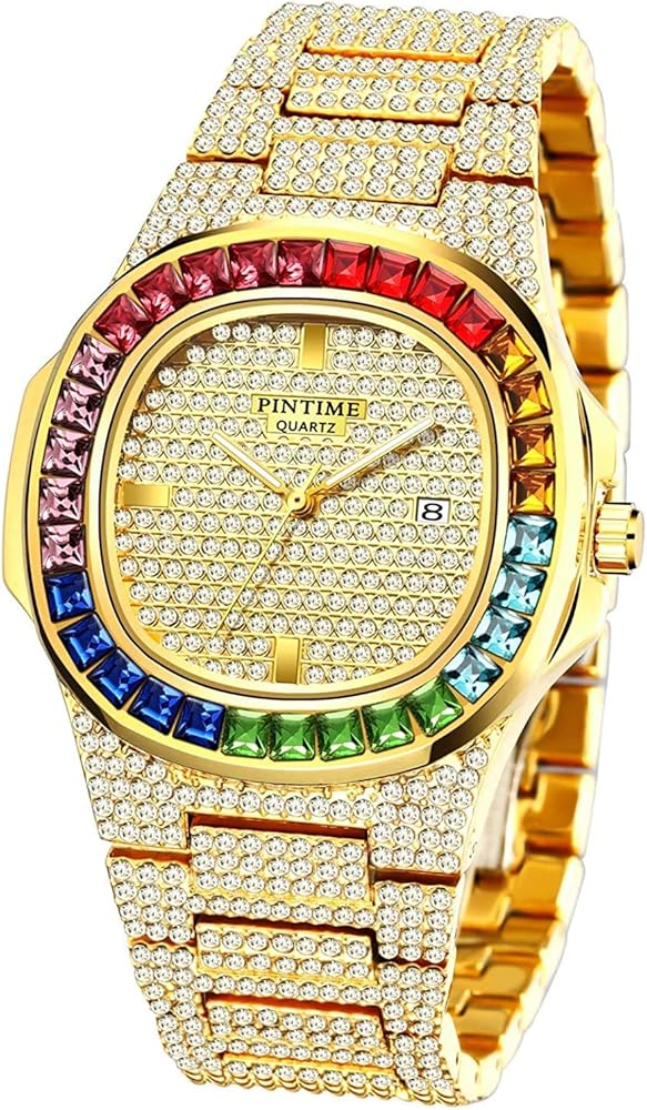 FANMIS Luxury Bling-ed Out Colorful Full Diamond Watches Fashion Quartz Analog Stainless Steel Band Bracelet Wrist Watch